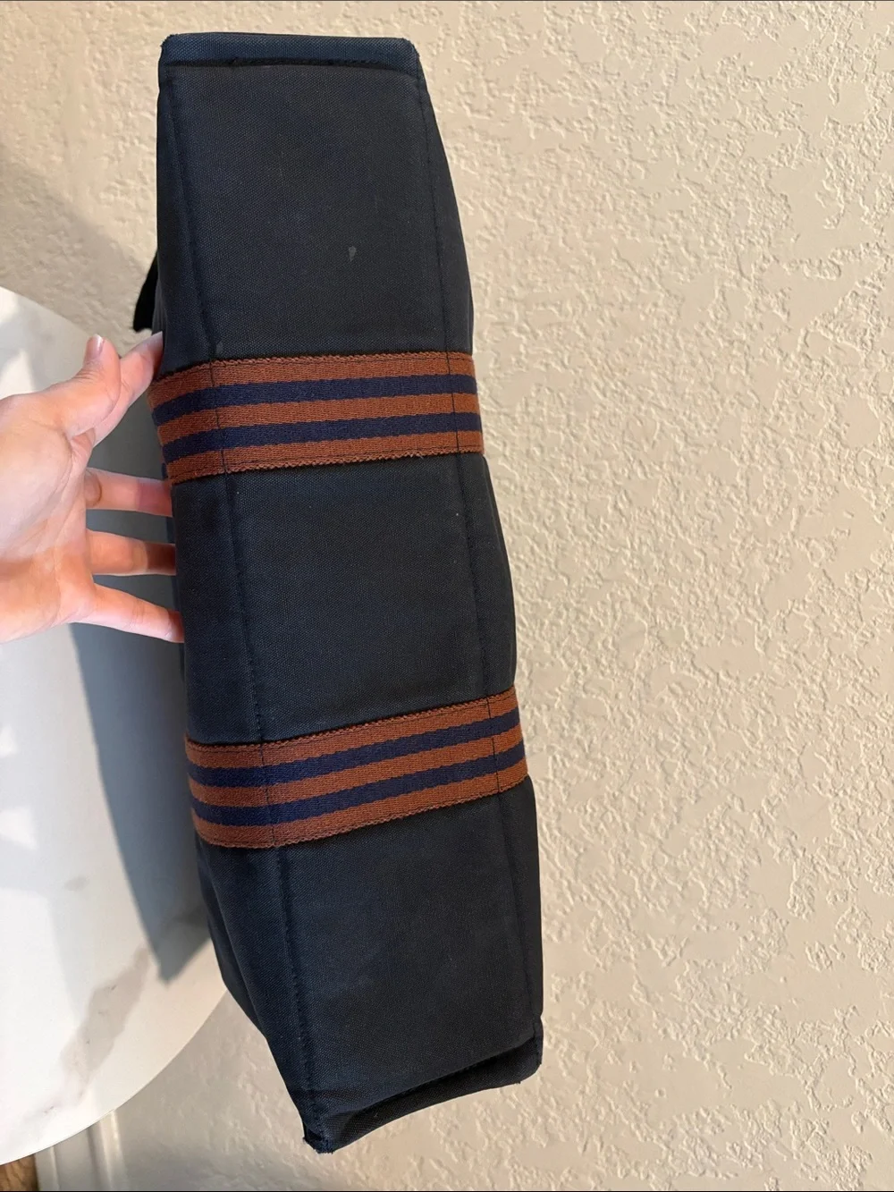 Hermes 12x17 ” Canvas Tote Unisex - Navy with Brown Straps Handbag